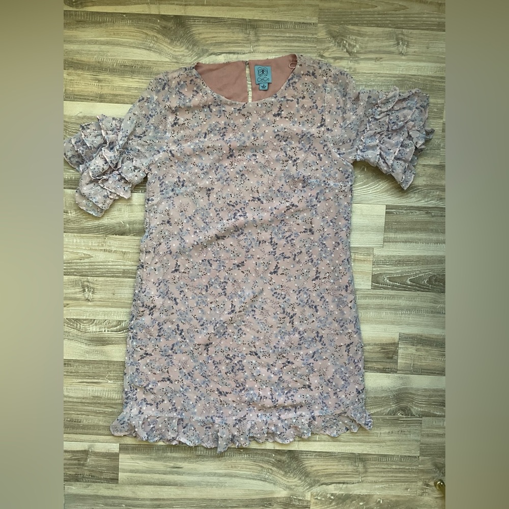 CeCe Pink And Blue Ruffle Short Sleeve Dress Size 10 Polyester Round Neck